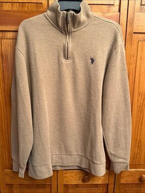 U.S. Polo Assn. Men's Quarter-Zip Sweater in Tan with Navy Logo